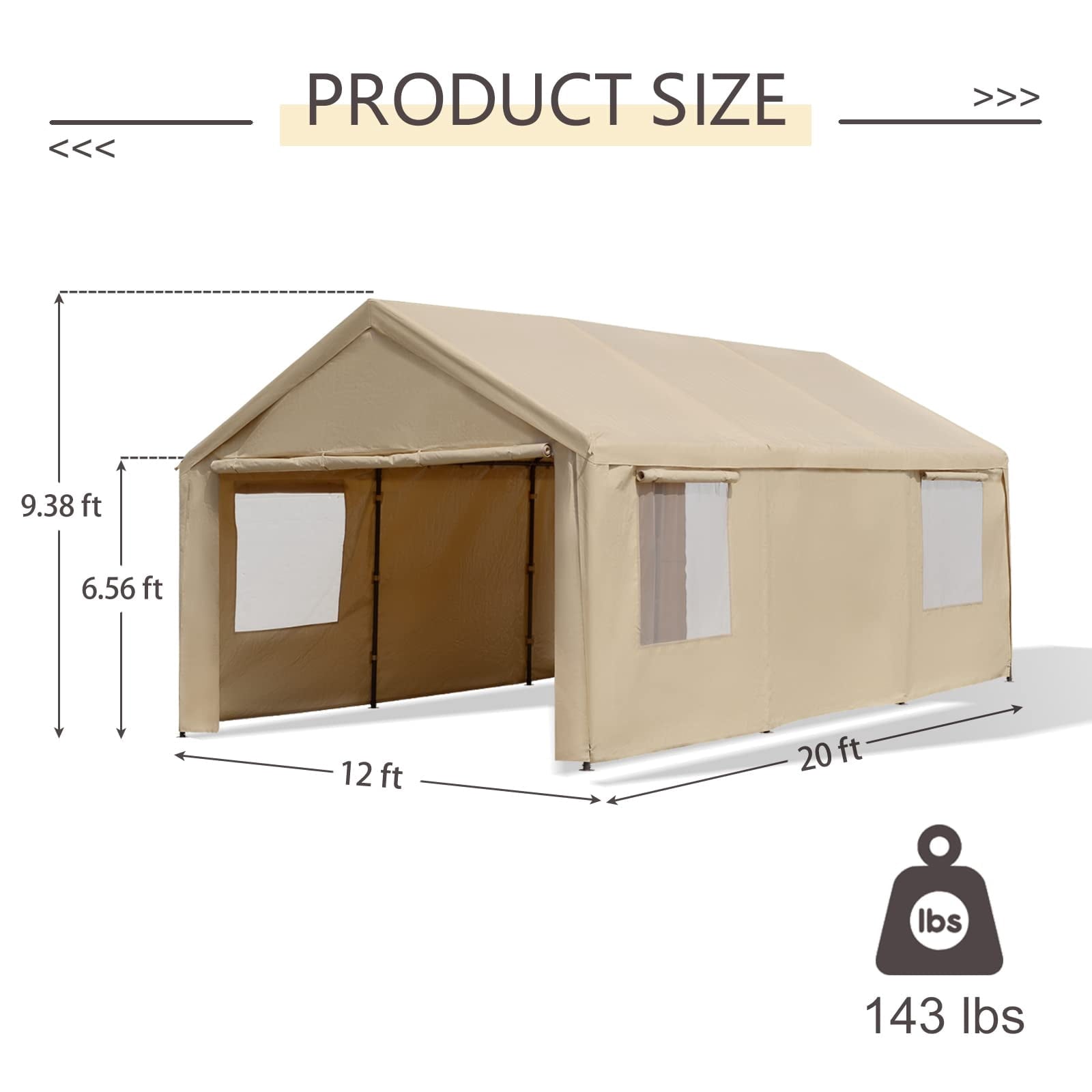 Gardesol Carport, 12'x20' Extra Large Heavy Duty Carport with Removable Sidewalls & Doors, Portable Garage Car Canopy for Car, Truck, SUV, Beige