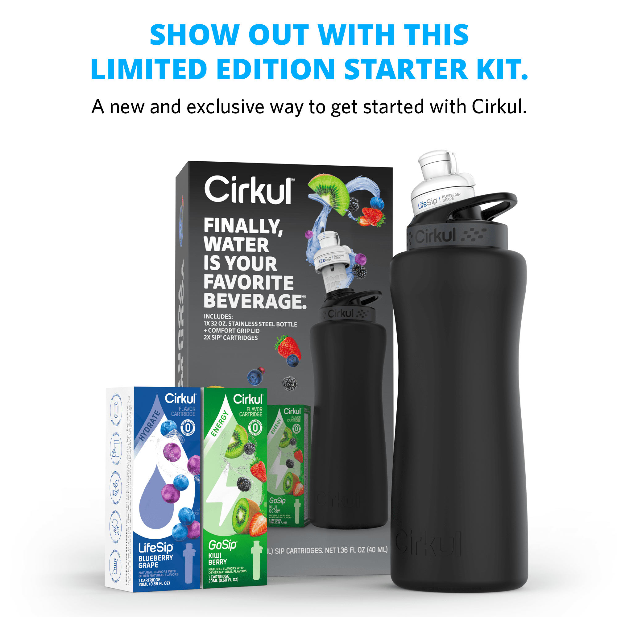 Cirkul 32oz Rose Gold Stainless Steel Water Bottle Starter Kit with Rose Gold Lid and 2 Flavor Cartridges (Strawberry & Passion Fruit Dragon Fruit)