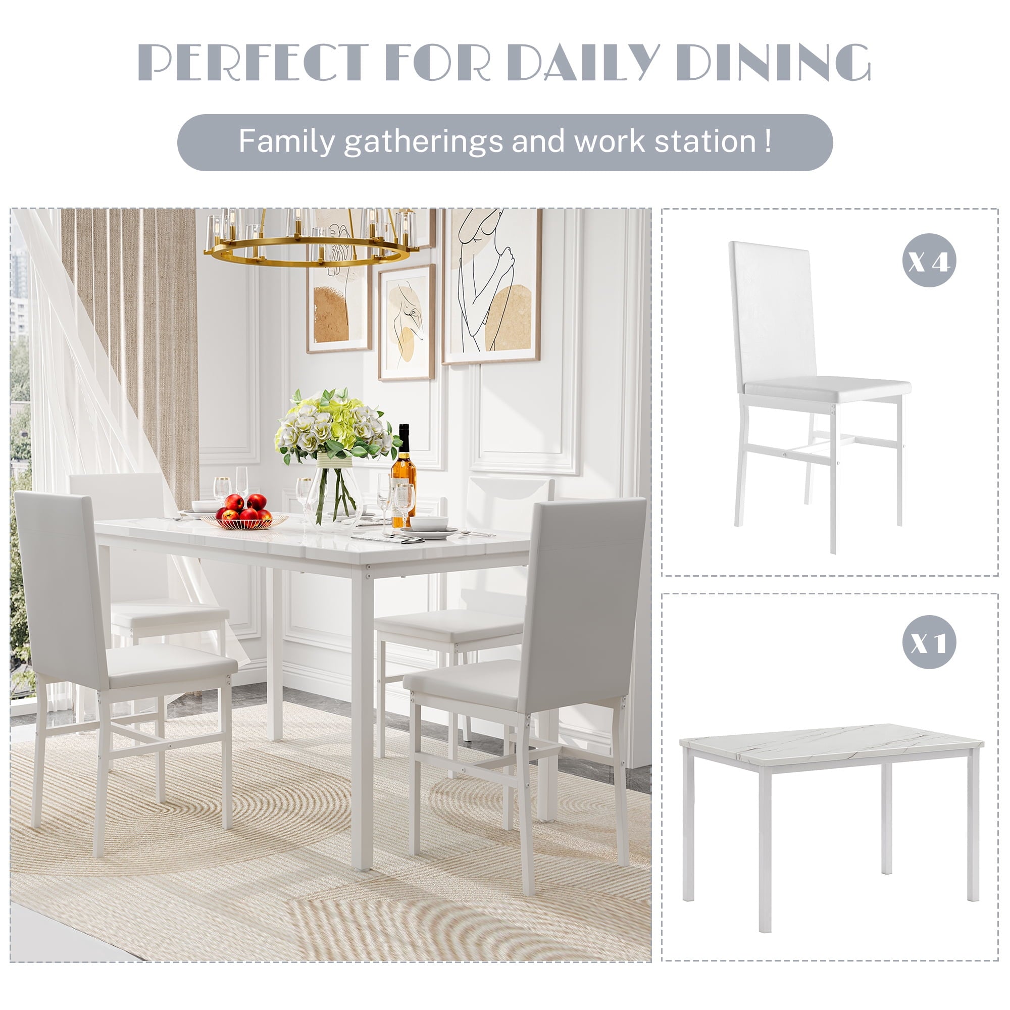 PAPROOS Dining Table Set for 4, Modern 5-Piece Kitchen Table Set with Faux Marble Top and Velvet Upholstery Chairs, Heavy Duty Dinette Sets for Breakfast Nook, Dining Room Table and Chairs, Gray