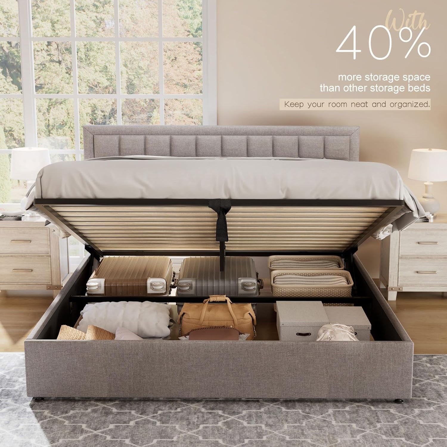 Jocisland King Size Lift Up Storage Bed Frame, Upholstered Platform Bed Frame Button Tufted Headboard/White