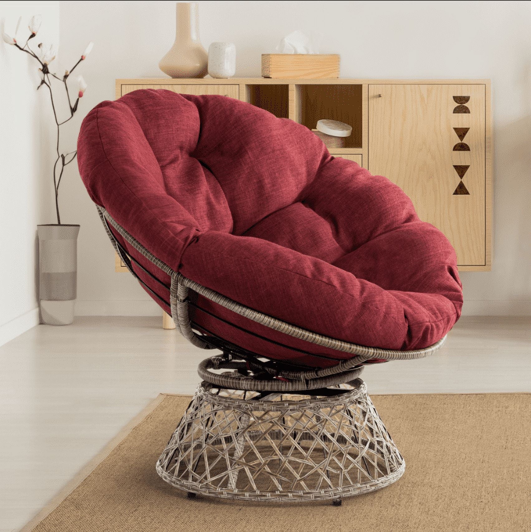 Bme 360 Swivel Comfy Papasan Chair with Fabric Cushion, Sturdy Metal Frame (Cream Vanilla - Black Frame)
