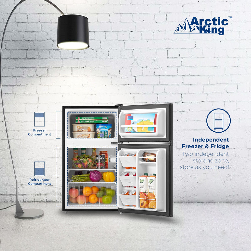 Arctic King 3.2 Cu ft Two Door Compact Refrigerator with Freezer, Stainless Steel, E-star