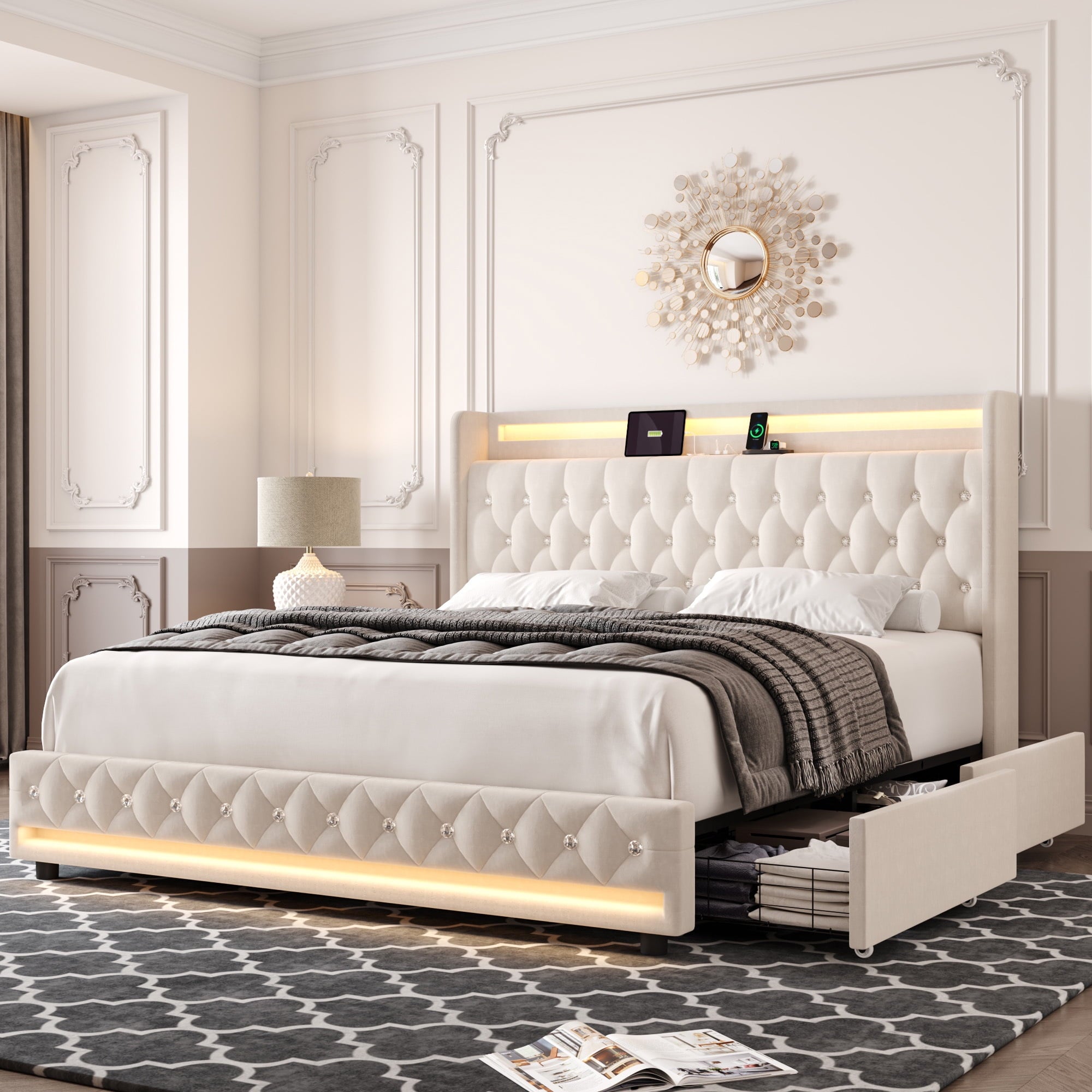 Homfa King Size LED Bed Frame with 4 Storage Drawers, Modern Wingback Crystal Button Tufted Upholstered Platform Bed Frame with Outlets and USB Ports & Display Platform, Beige