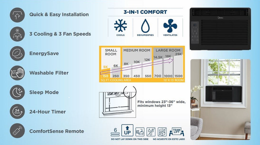 Midea 6,000 BTU 115V Window Air Conditioner with Comfort Sense Remote, White, MAW06R1WWT