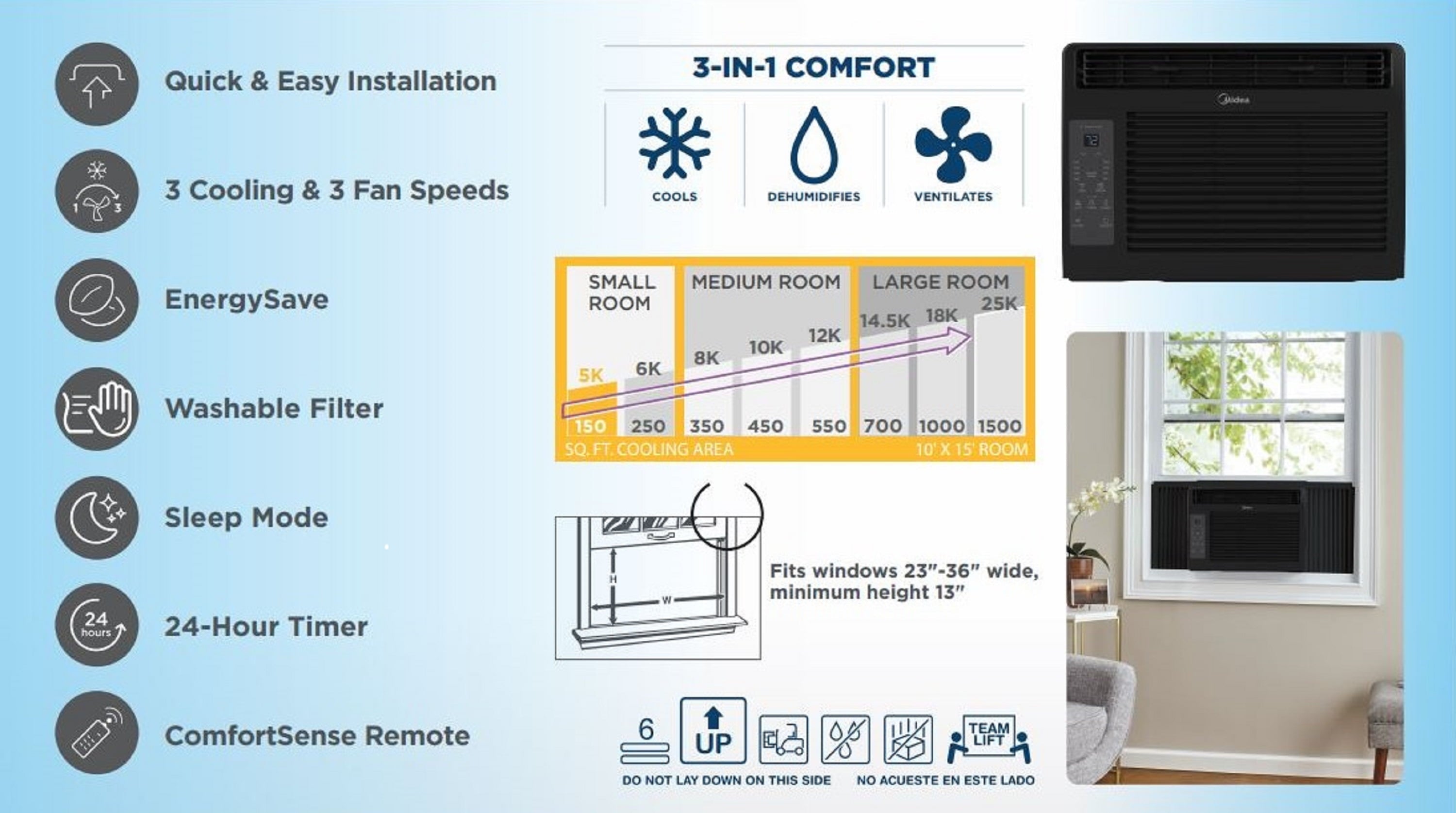 Midea 6,000 BTU 115V Window Air Conditioner with Comfort Sense Remote, White, MAW06R1WWT
