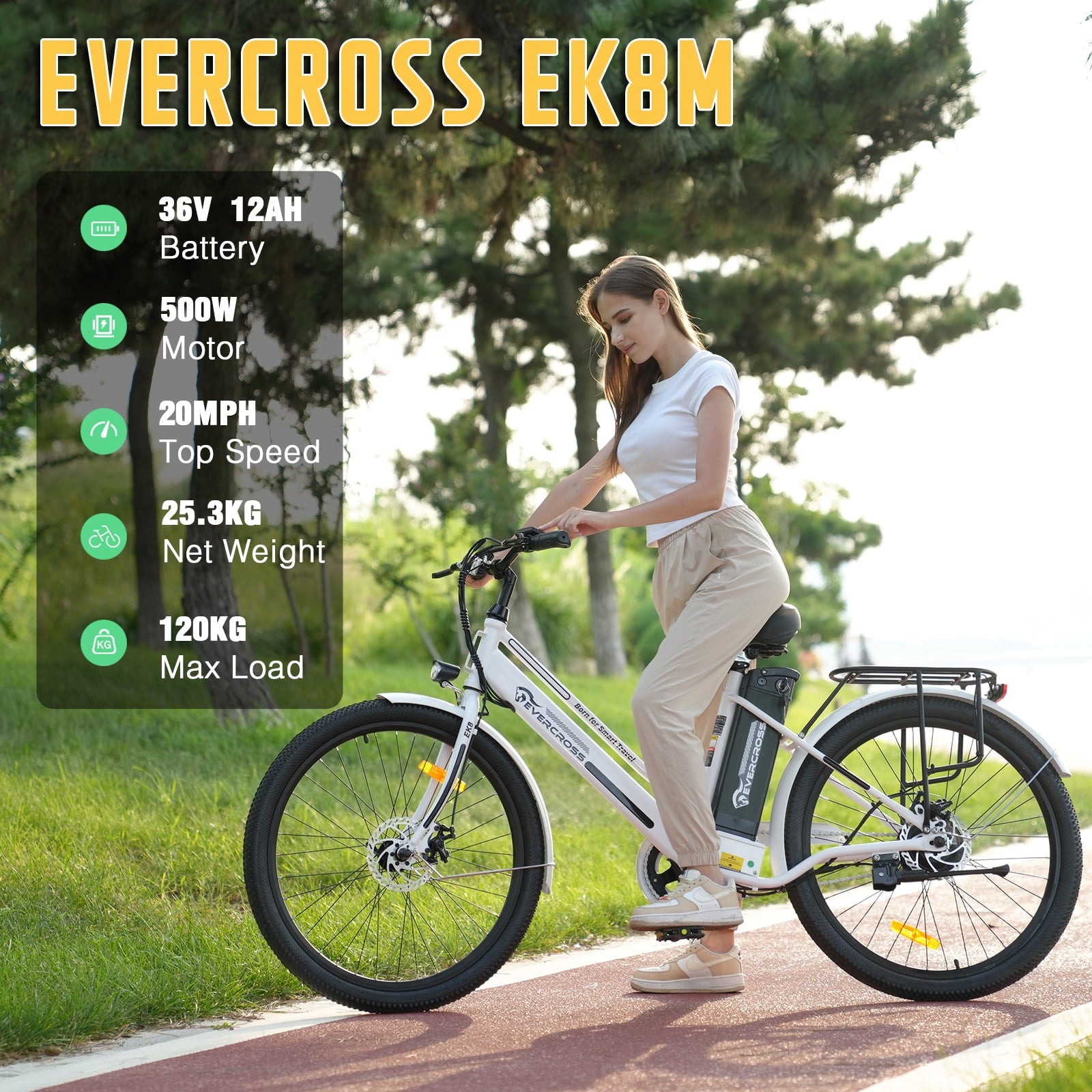 EVERCROSS Electric Bike, 26" Ebike, 500W Motor Mountain Bike for Adults, 36V Removable Battery, Max.Speed 20MPH Electric Bicycle with LED Display for Women, White