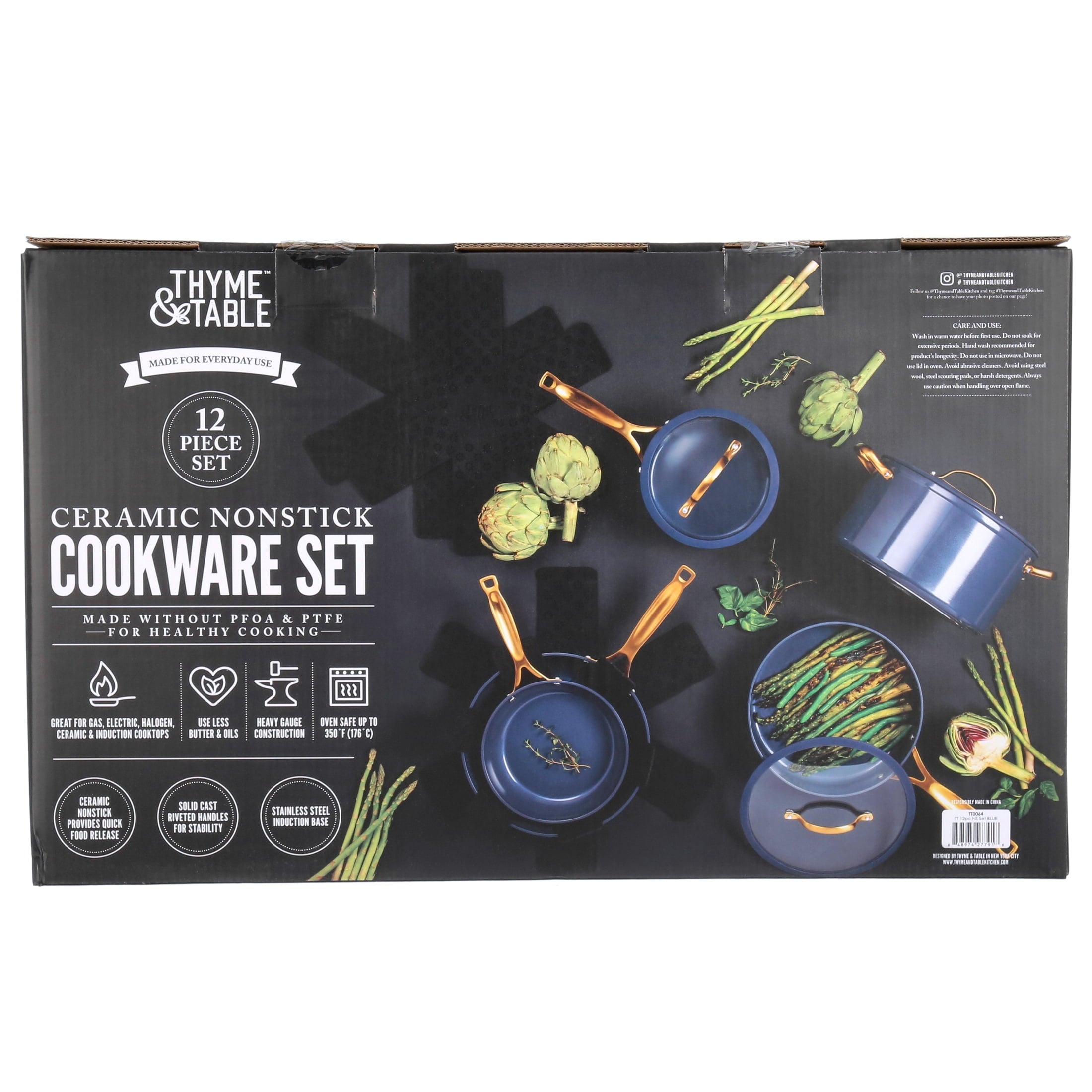 Thyme & Table Non-Stick 12-Piece Signature Cookware Set, Black & Gold