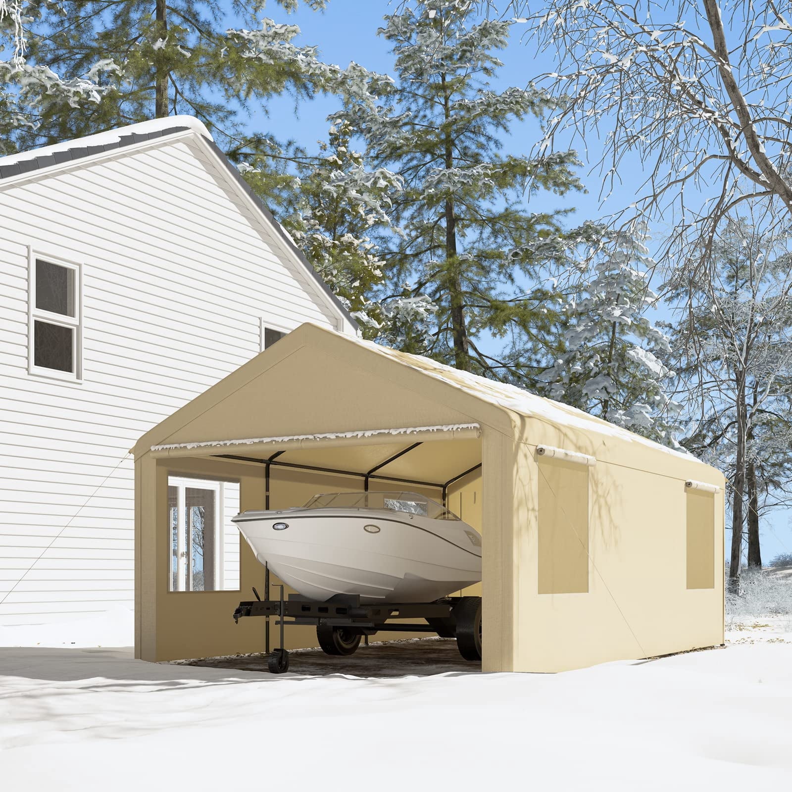 Gardesol Carport, 12'x20' Extra Large Heavy Duty Carport with Removable Sidewalls & Doors, Portable Garage Car Canopy for Car, Truck, SUV, Beige