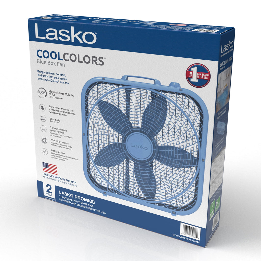 Lasko 20" Cool Colors 3-Speed Box Fan with Weather-Resistant Motor, Blue, 22.5" High, B20310, New
