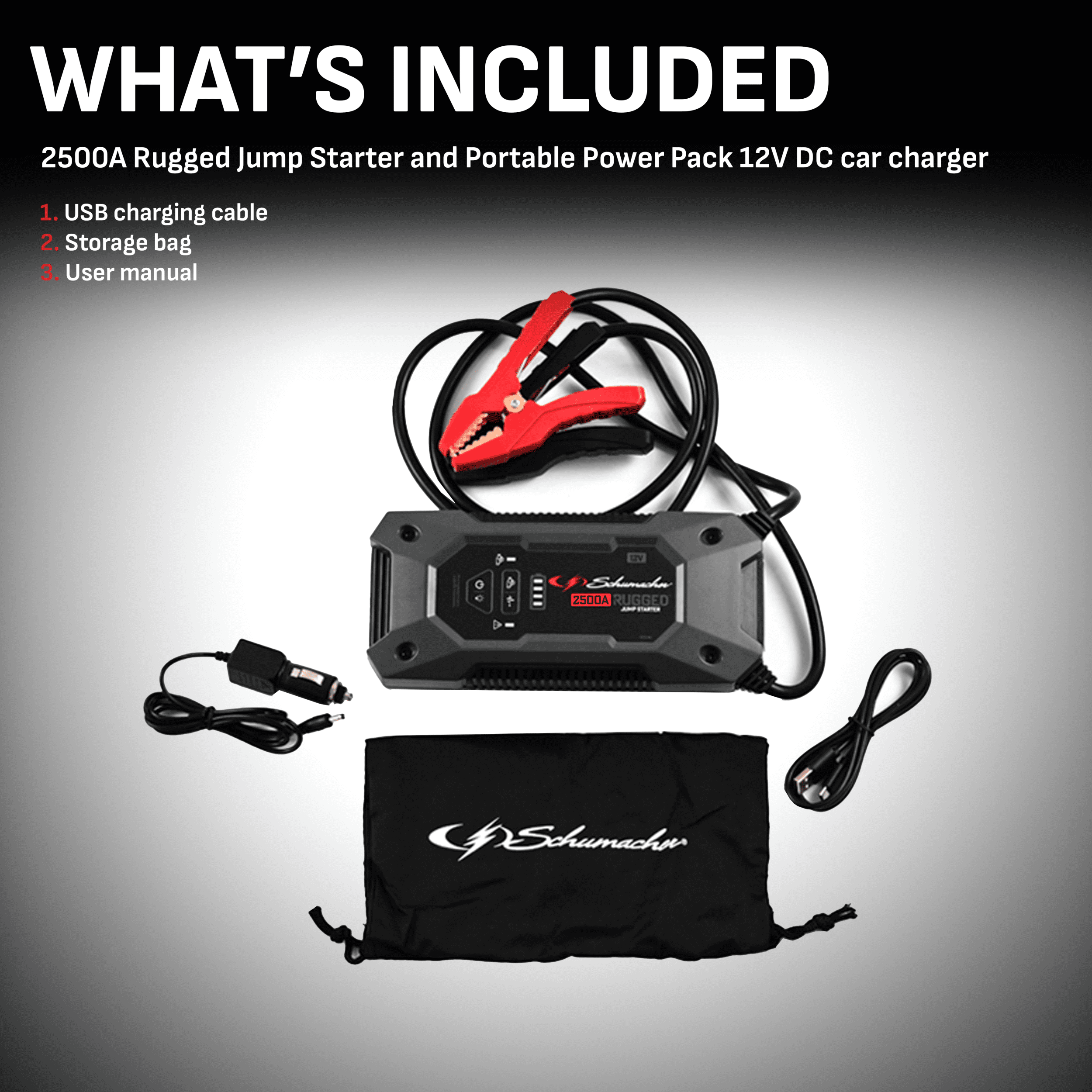 Schumacher 2500A Rugged Jump Starter and Portable Power Pack 12V DC car charger