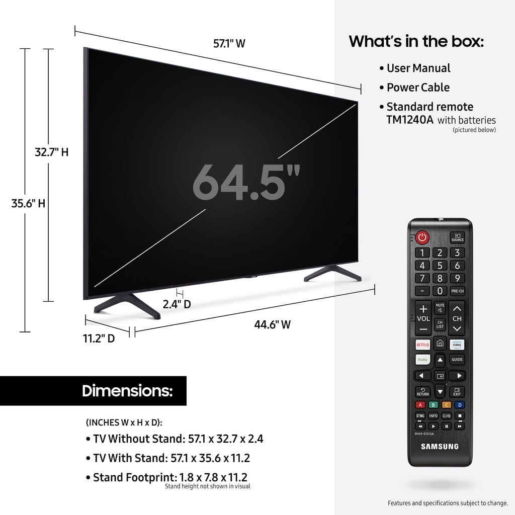 SAMSUNG 65" Class 4K Crystal UHD (2160P) LED Smart TV with HDR UN65TU7000