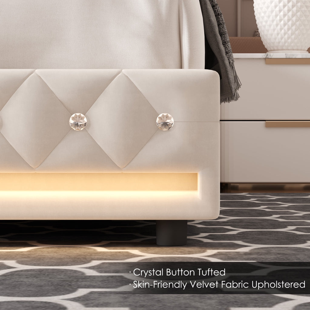 Homfa King Size LED Bed Frame with 4 Storage Drawers, Modern Wingback Crystal Button Tufted Upholstered Platform Bed Frame with Outlets and USB Ports & Display Platform, Beige