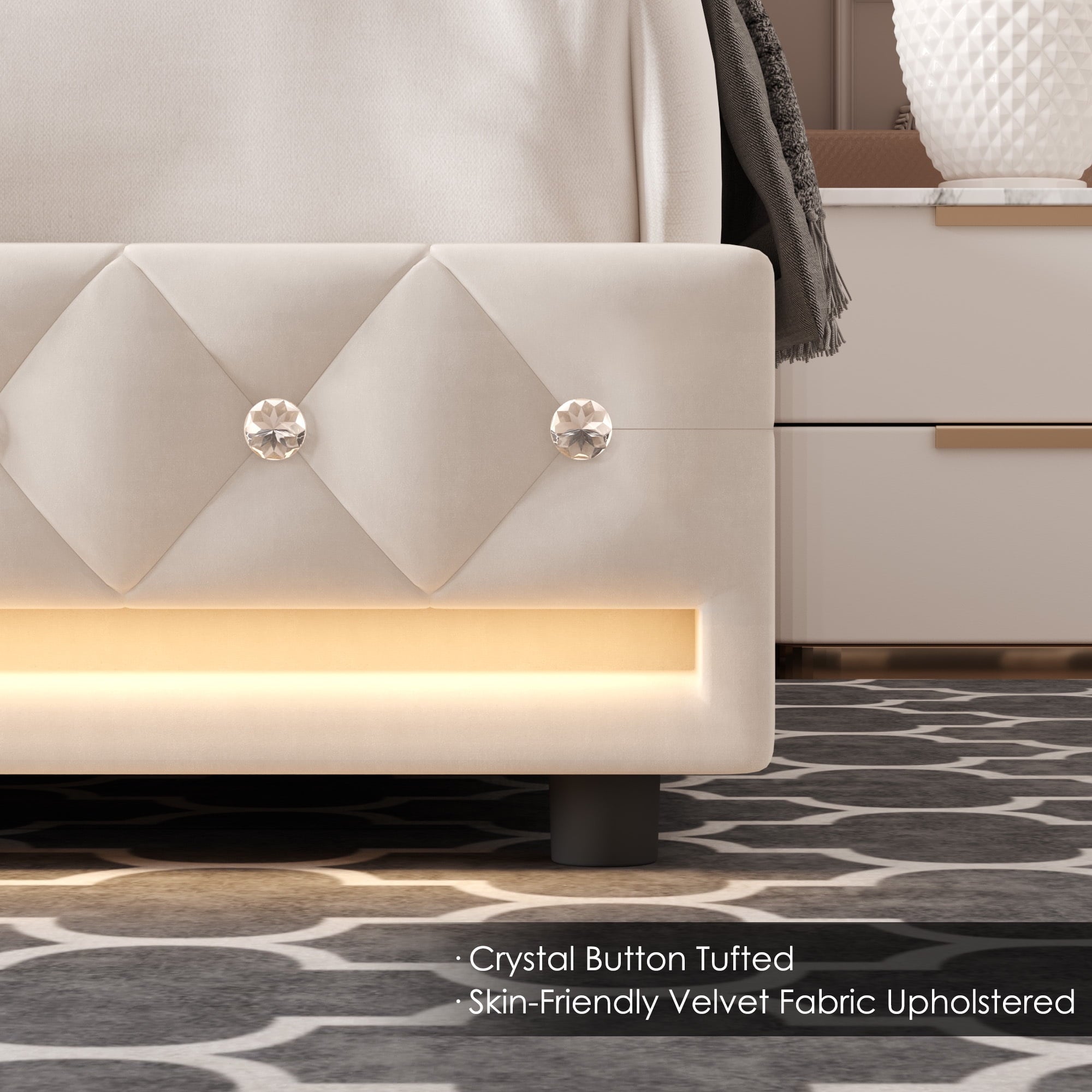 Homfa King Size LED Bed Frame with 4 Storage Drawers, Modern Wingback Crystal Button Tufted Upholstered Platform Bed Frame with Outlets and USB Ports & Display Platform, Beige