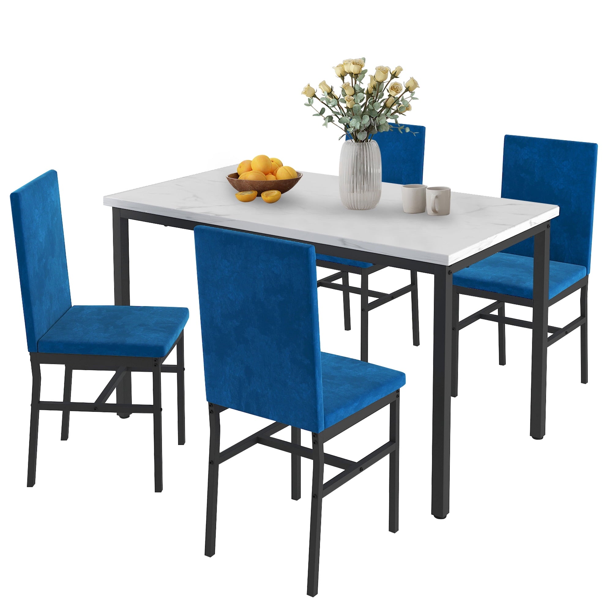 PAPROOS Dining Table Set for 4, Modern 5-Piece Kitchen Table Set with Faux Marble Top and Velvet Upholstery Chairs, Heavy Duty Dinette Sets for Breakfast Nook, Dining Room Table and Chairs, Gray