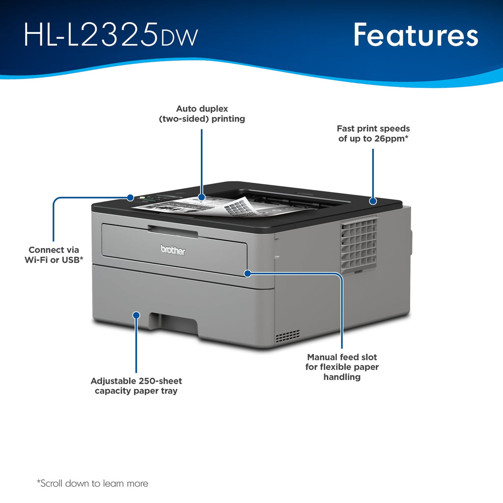 Brother HL-L2325DW Monochrome Laser Printer, Wireless Networking, Duplex Printing