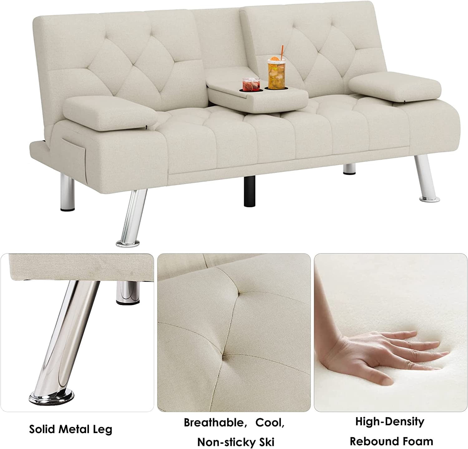 Homfa Convertible Futon Sofa Bed, 66.3'' Upholstered Removable Armrests,Gray Finish