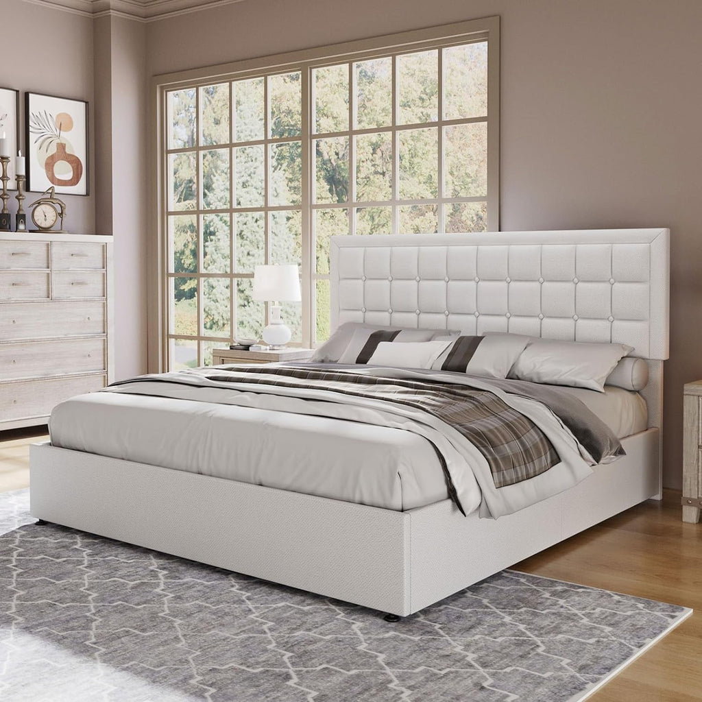 Jocisland King Size Lift Up Storage Bed Frame, Upholstered Platform Bed Frame Button Tufted Headboard/White