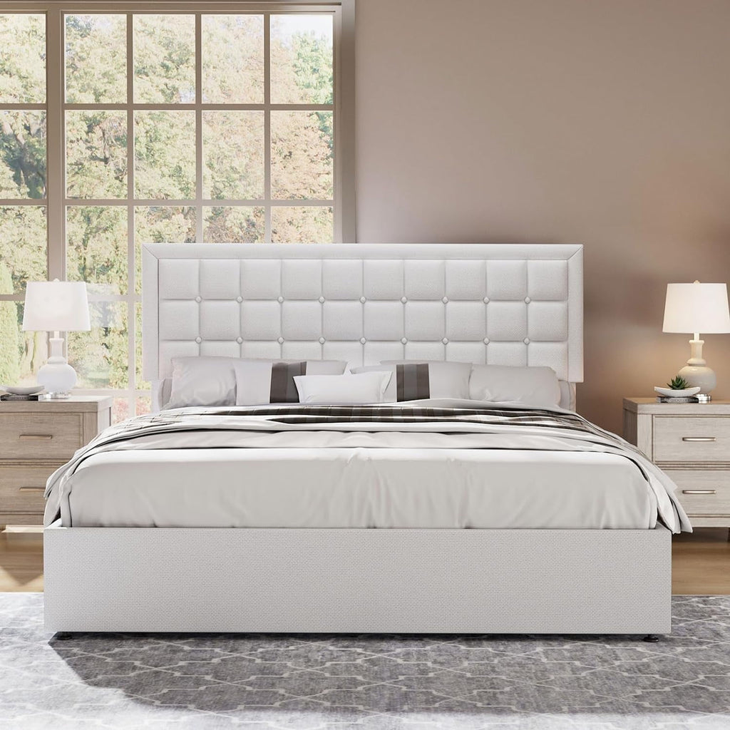 Jocisland King Size Lift Up Storage Bed Frame, Upholstered Platform Bed Frame Button Tufted Headboard/White