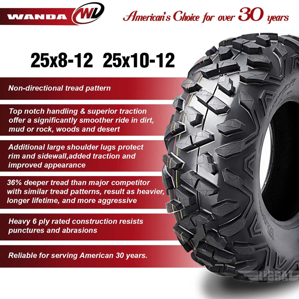 Wanda ATV/UTV Tires 25x8-12 Front & 25x10-12 Rear /6PR Big Horn Style 10375/10376, Set 4