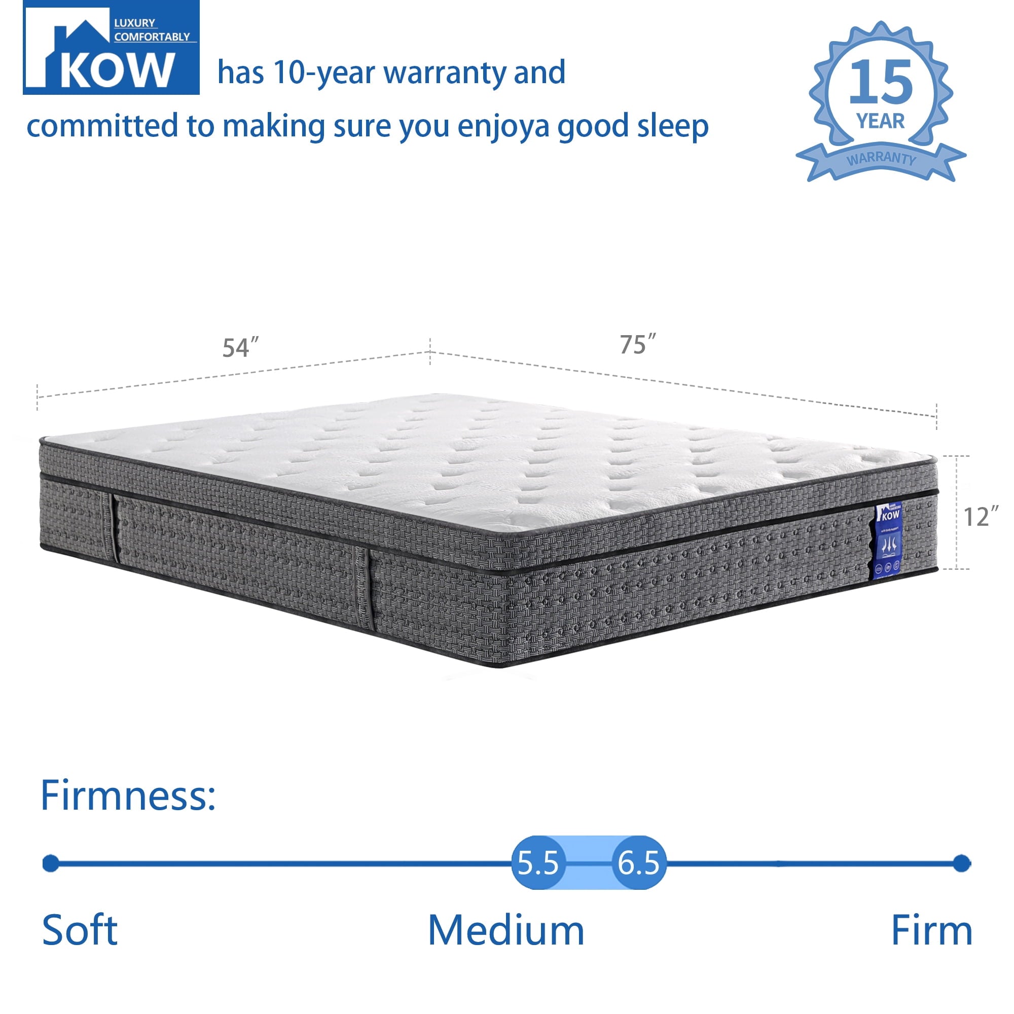 KOW Mattress 12 inch Full Size, Gel Memory Foam Hybrid Mattress in a Box, Cozy Sleep