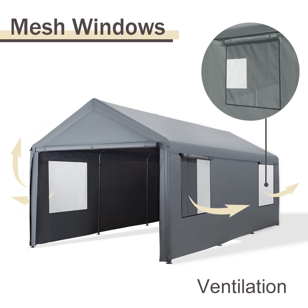 Gardesol Carport, 12'x20' Extra Large Heavy Duty Carport with Removable Sidewalls & Doors, Portable Garage Car Canopy for Car, Truck, SUV, Beige