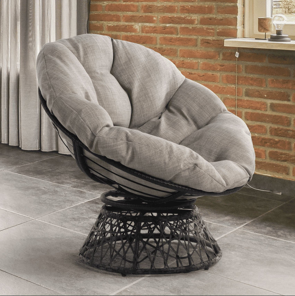 Bme 360 Swivel Comfy Papasan Chair with Fabric Cushion, Sturdy Metal Frame (Cream Vanilla - Black Frame)