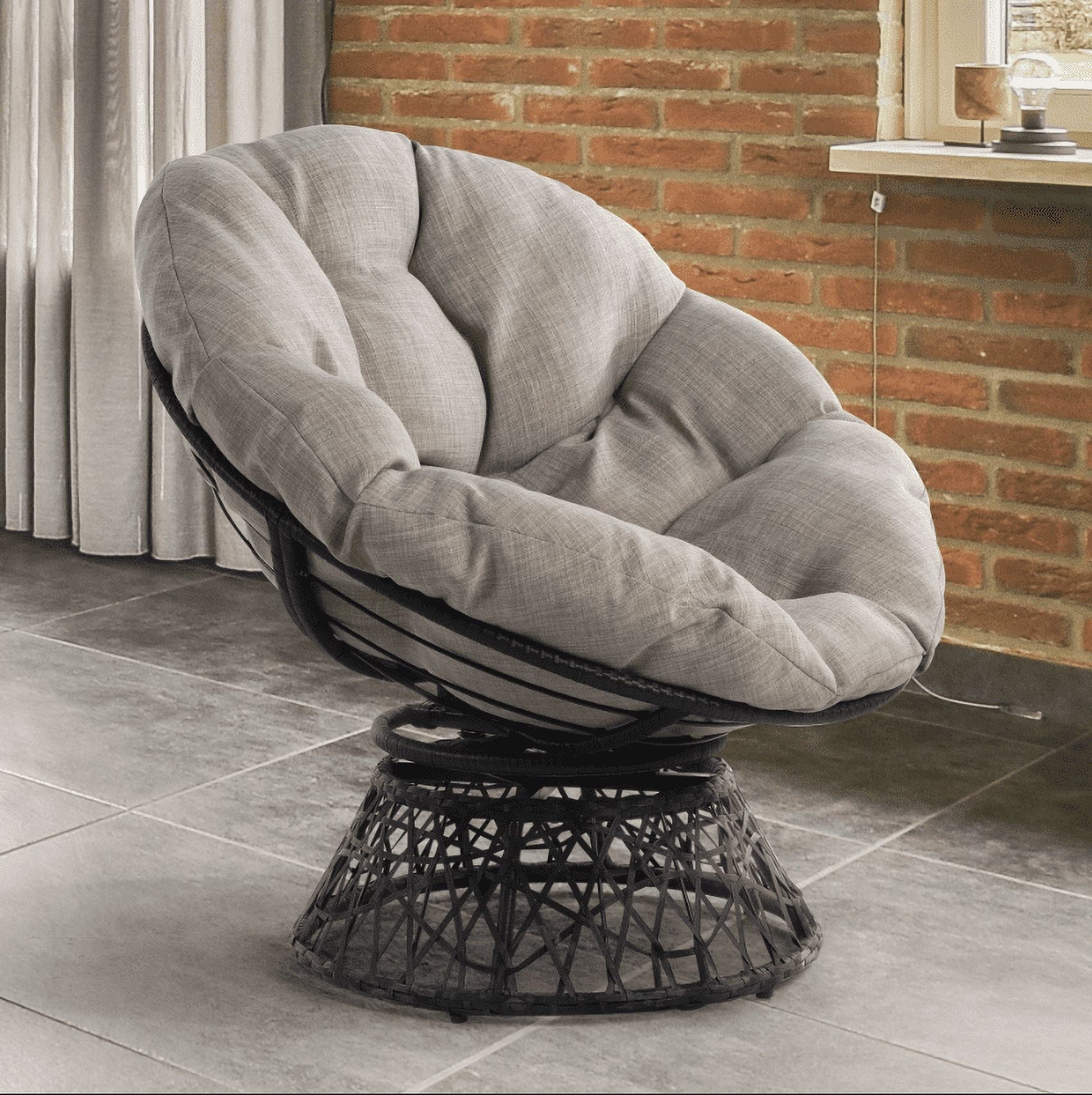Bme 360 Swivel Comfy Papasan Chair with Fabric Cushion, Sturdy Metal Frame (Cream Vanilla - Black Frame)
