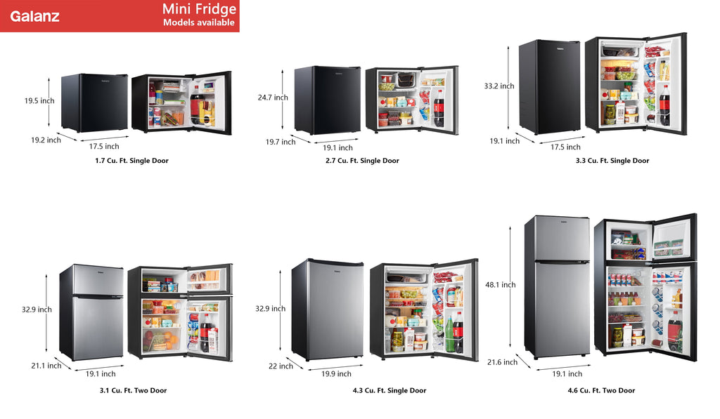 Galanz 2.7 Cu ft Single Door Mini Fridge, Black, Estar, New, Width 19.13"