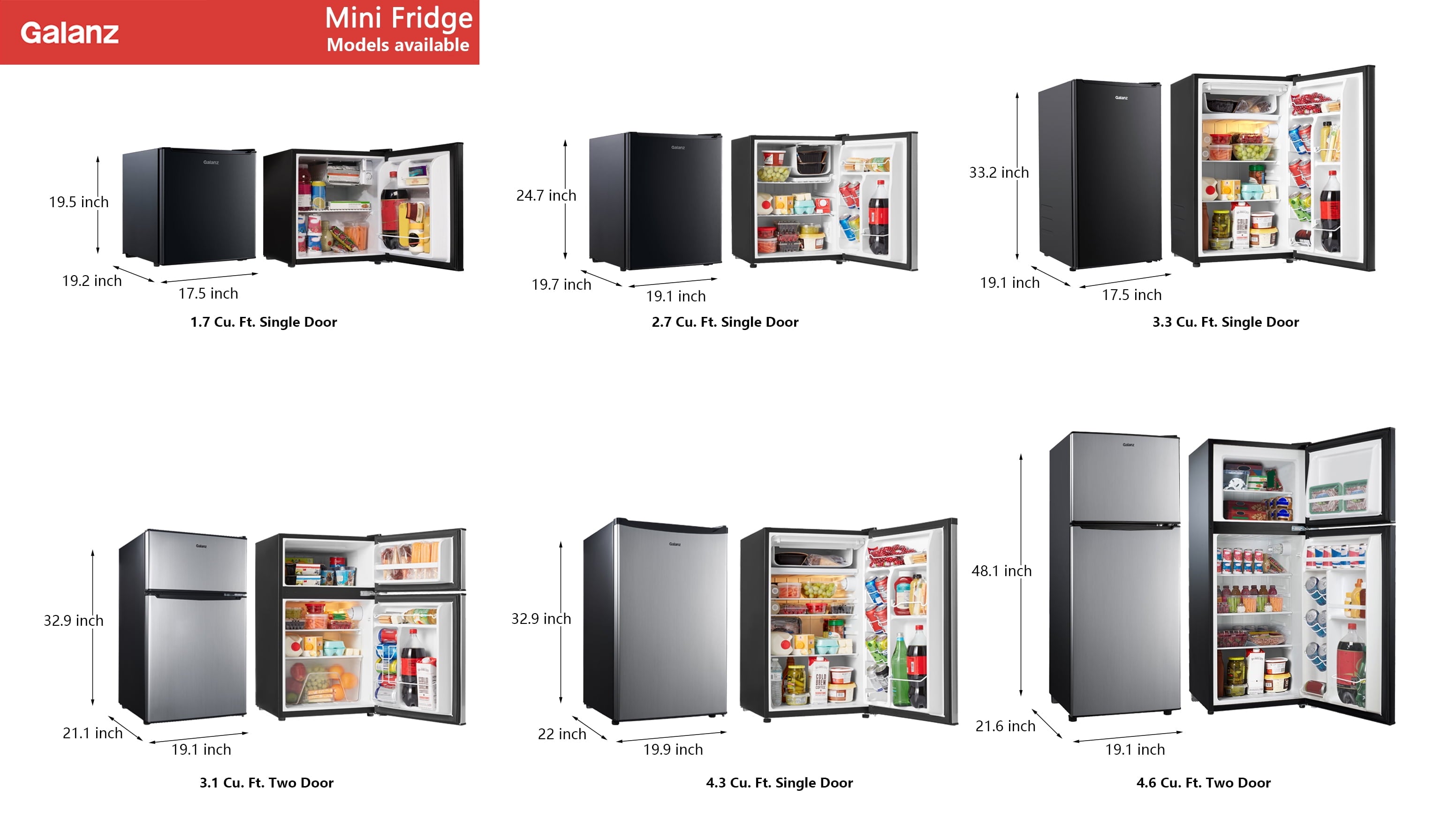 Galanz 2.7 Cu ft Single Door Mini Fridge, Black, Estar, New, Width 19.13"