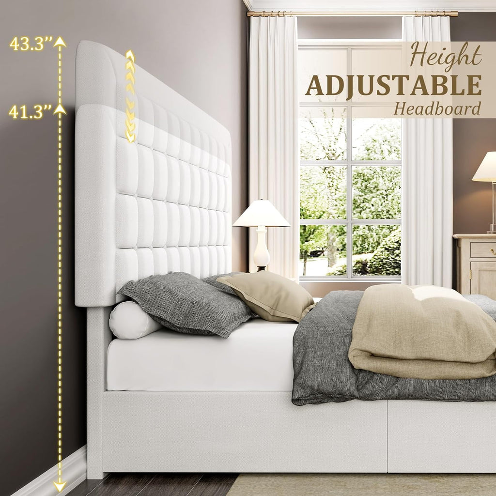 Jocisland King Size Lift Up Storage Bed Frame, Upholstered Platform Bed Frame Button Tufted Headboard/White