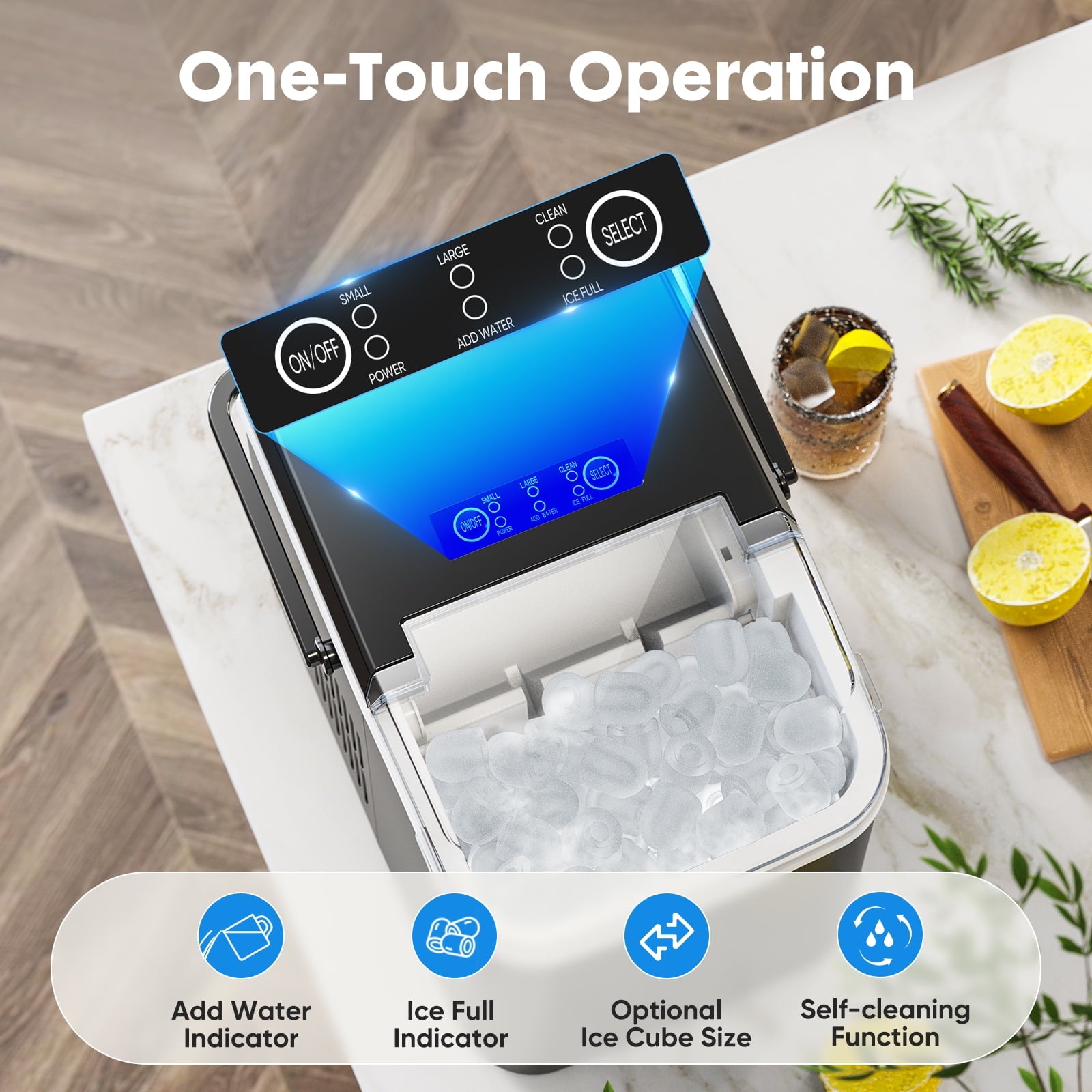 EDX Countertop Ice Maker, Self-Cleaning Portable Ice Maker Machine with Handle and Ice Scoop, Bullet Ice Cubes, 9Pcs/6Min 26.5Lbs/24H for Home/Kitchen/Bar/Party, Black