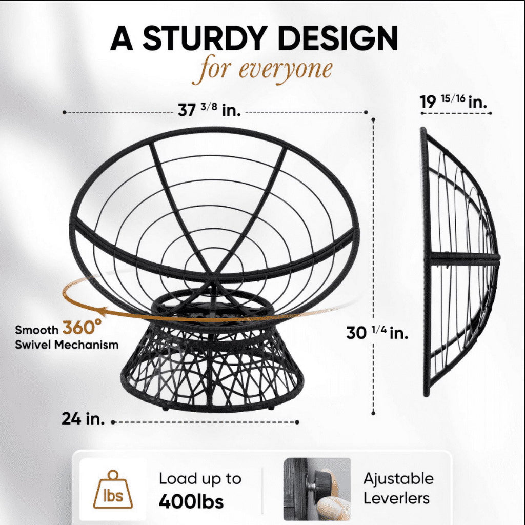 Bme 360 Swivel Comfy Papasan Chair with Fabric Cushion, Sturdy Metal Frame (Cream Vanilla - Black Frame)