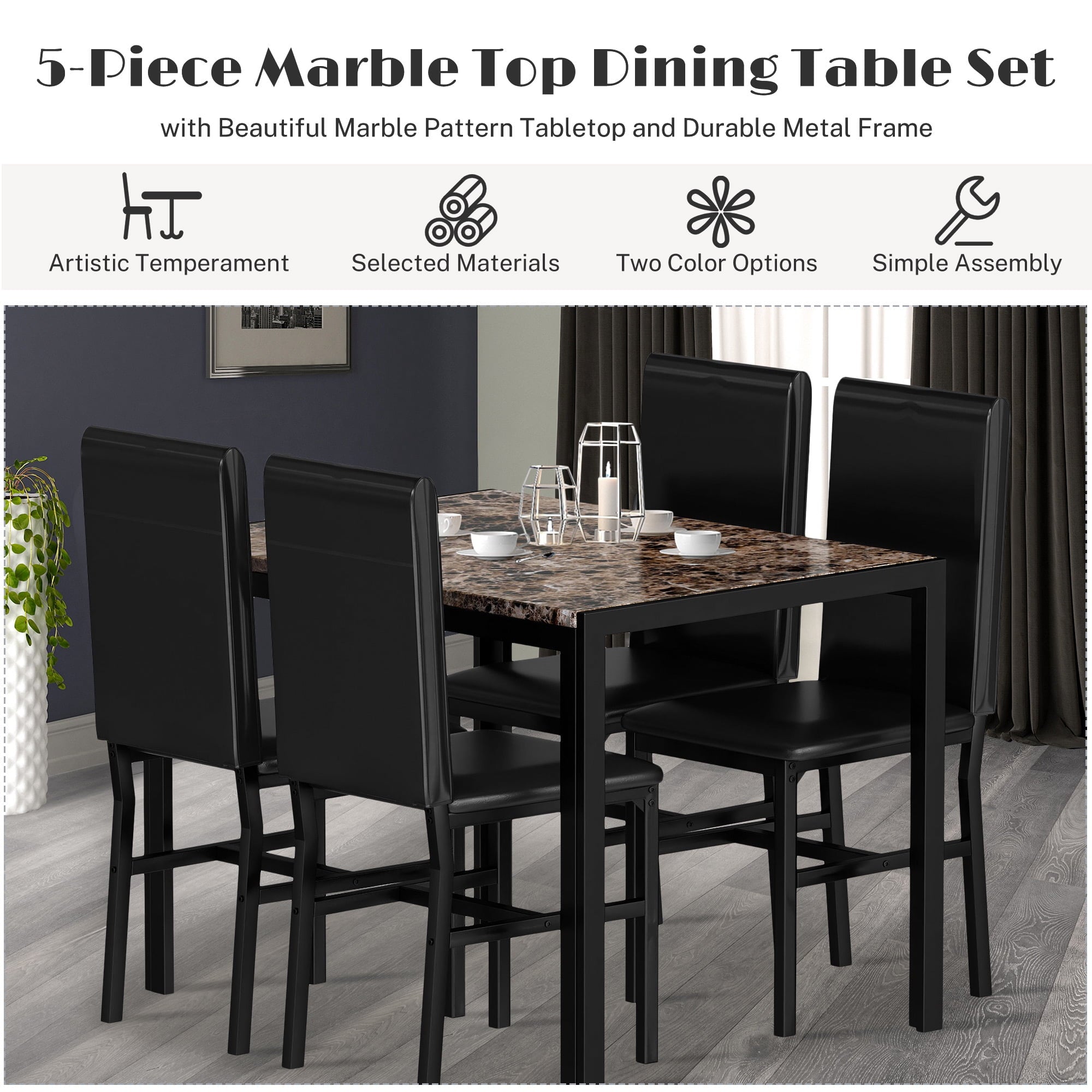 PAPROOS Dining Table Set for 4, Modern 5-Piece Kitchen Table Set with Faux Marble Top and Velvet Upholstery Chairs, Heavy Duty Dinette Sets for Breakfast Nook, Dining Room Table and Chairs, Gray