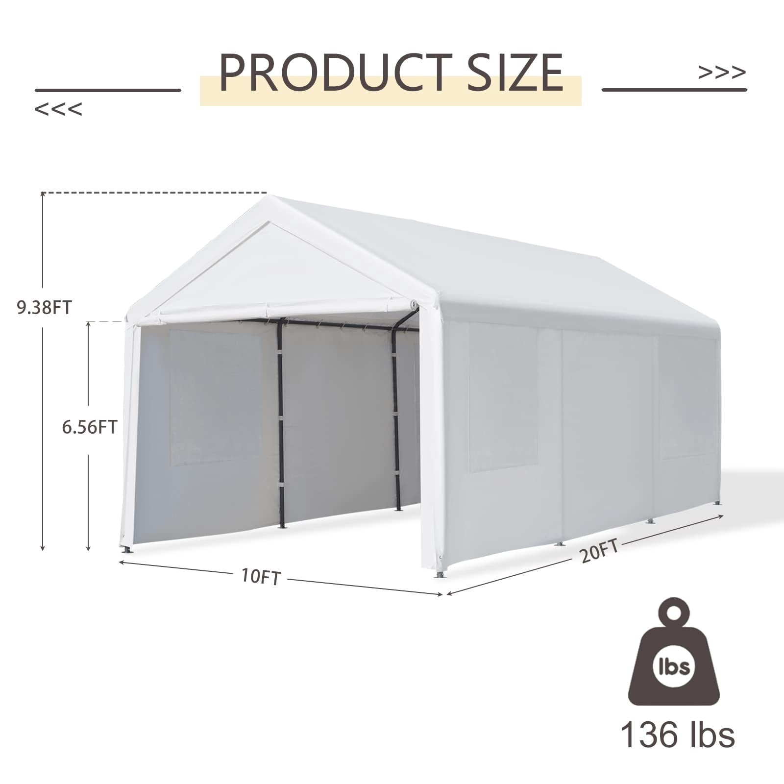 Gardesol Carport, 12'x20' Extra Large Heavy Duty Carport with Removable Sidewalls & Doors, Portable Garage Car Canopy for Car, Truck, SUV, Beige