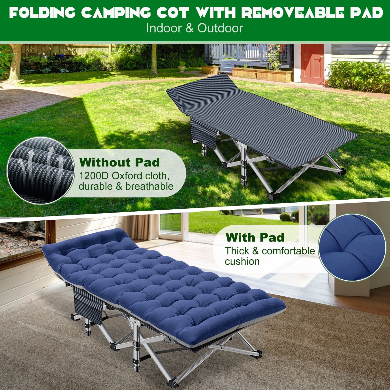 MOPHOTO 75" Portable Folding Bed for Adults, Rollaway Guest Bed Sleeping Cot with Mattress, Heavy Duty Outdoor Camping Cot with Carry Bag