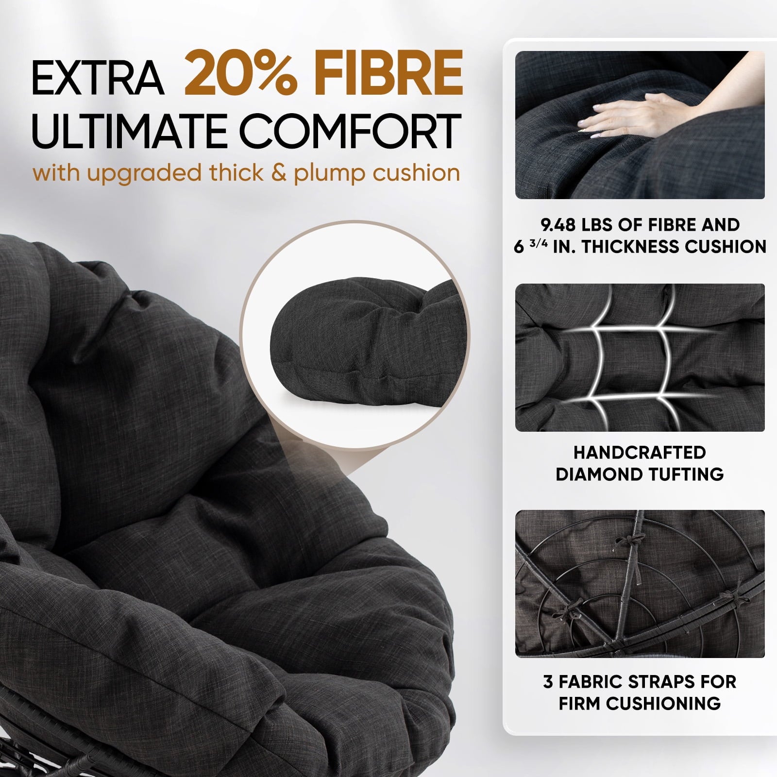 Bme 360 Swivel Comfy Papasan Chair with Fabric Cushion, Sturdy Metal Frame (Cream Vanilla - Black Frame)