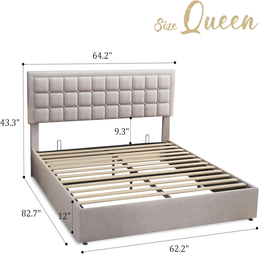 Jocisland King Size Lift Up Storage Bed Frame, Upholstered Platform Bed Frame Button Tufted Headboard/White