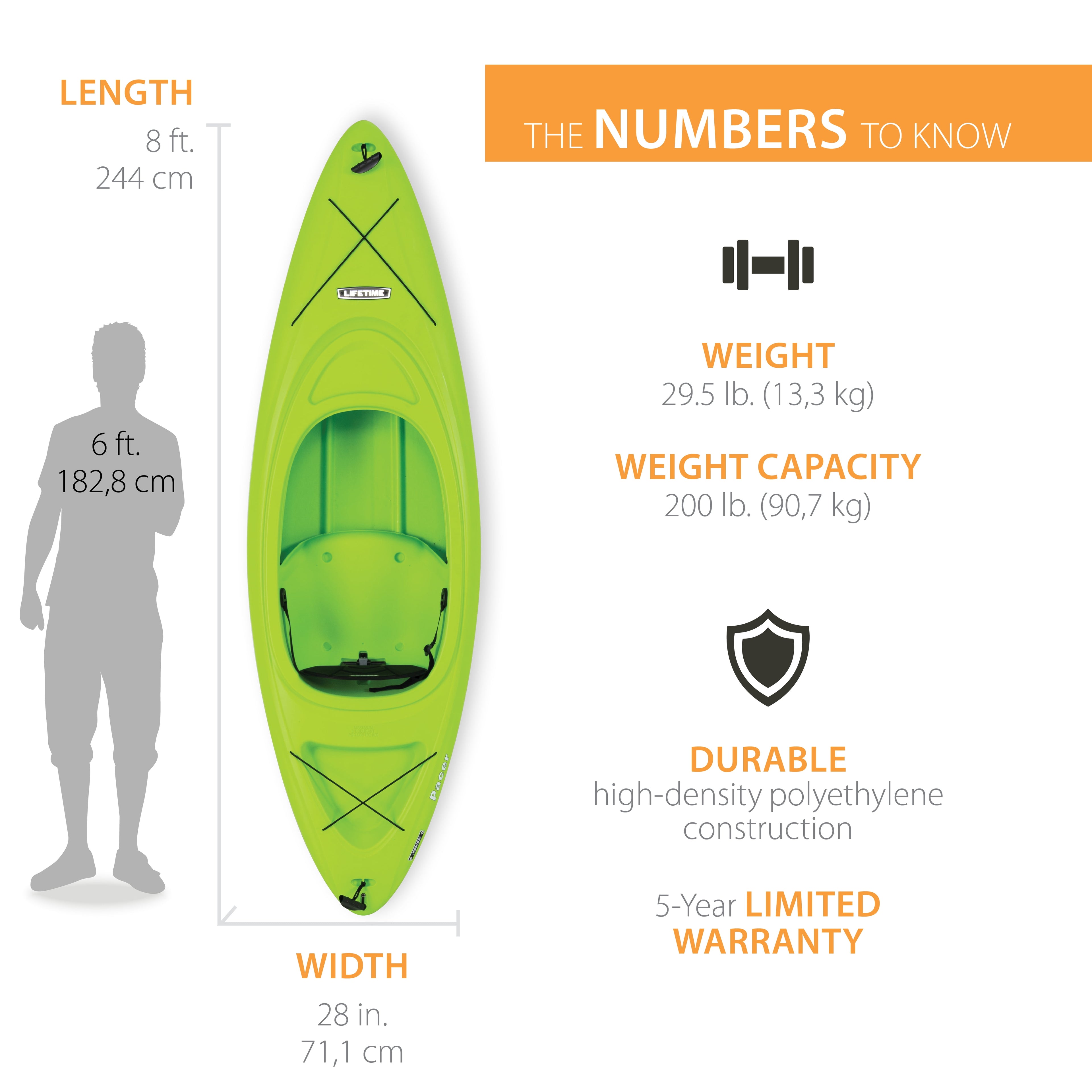 Lifetime Pacer 8 ft Sit-In Kayak (Paddle Included), Orange