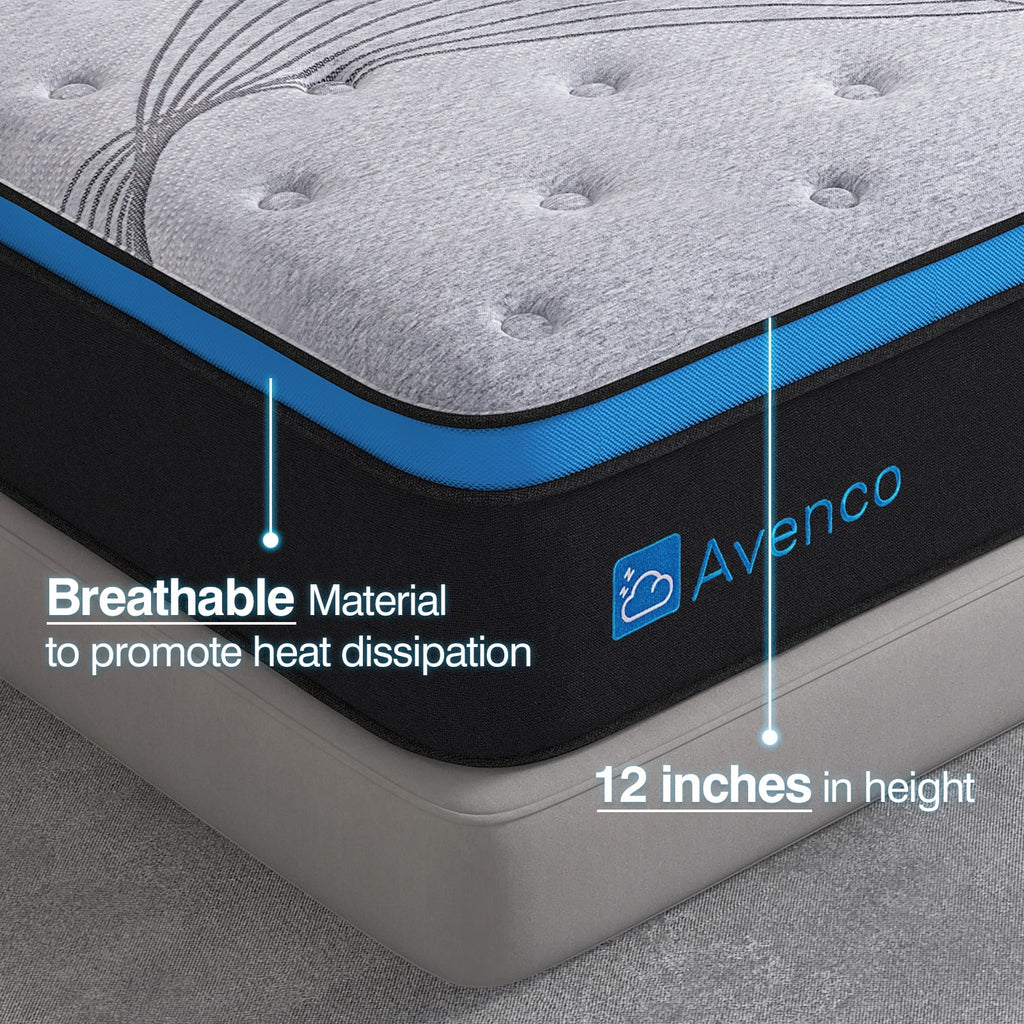 Avenco Queen Size Firm, 12-Inch Hybrid Mattress in a Box, Innerspring and Gel Memory Foam, Gray, Pillow Top