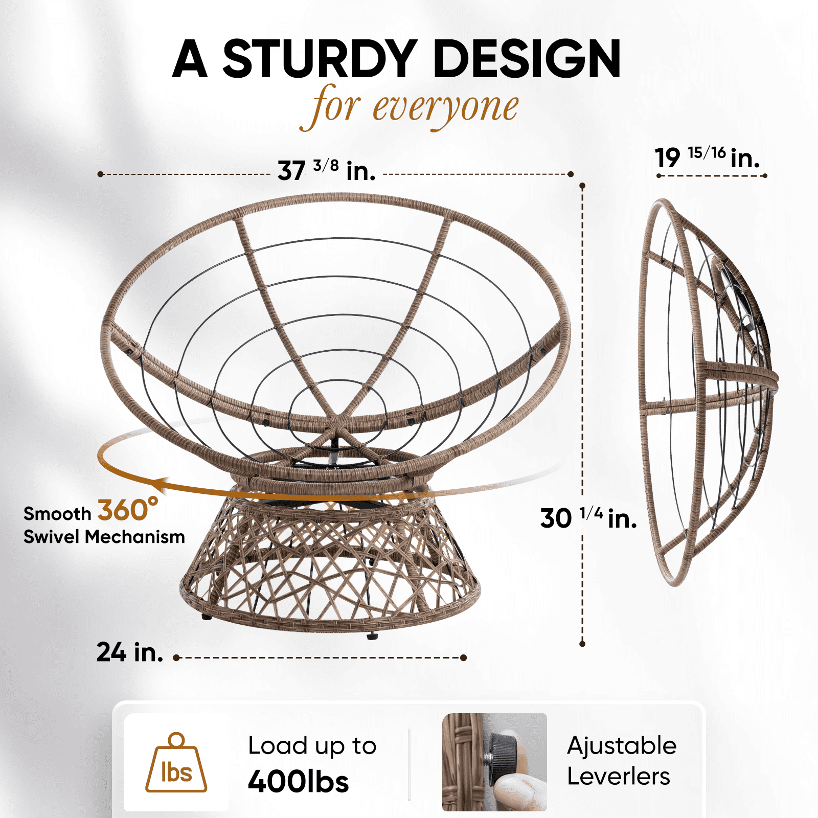 Bme 360 Swivel Comfy Papasan Chair with Fabric Cushion, Sturdy Metal Frame (Cream Vanilla - Black Frame)