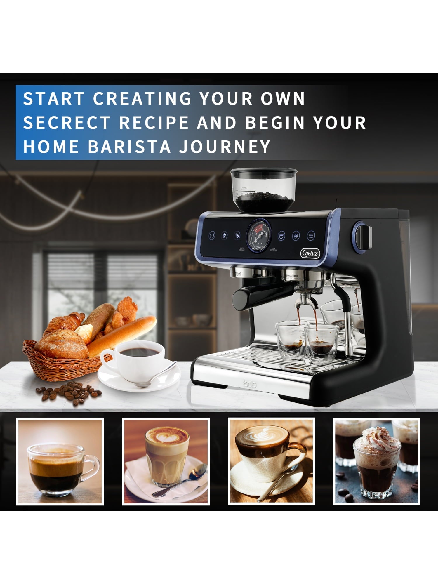 Cyetus All in One Espresso Machine for Home Barista with Coffee Grinder and Milk Steam Wand for Espresso, Cappuccino, and Latte