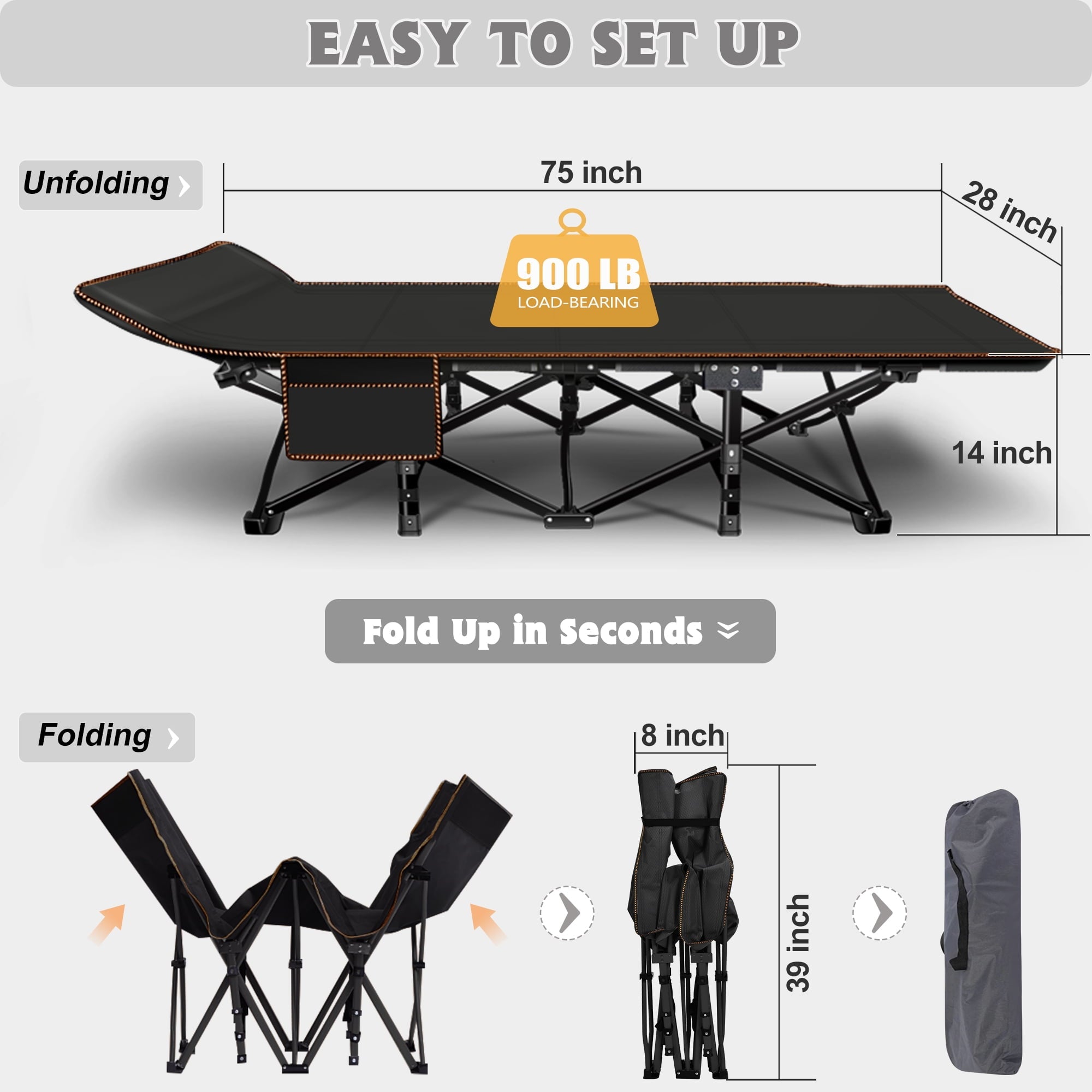 MOPHOTO 75" Portable Folding Bed for Adults, Rollaway Guest Bed Sleeping Cot with Mattress, Heavy Duty Outdoor Camping Cot with Carry Bag