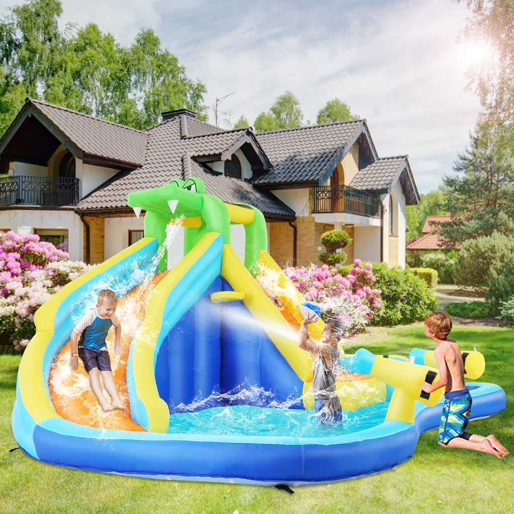 Inflatable Bounce House with Spray Pool, 2 Water Guns, Climbing Wall, Basketball Hoop, and Inflatable Water Slide with UL Air Blower, (Gift for Kids), Polyester, Child, Teen, Toddler