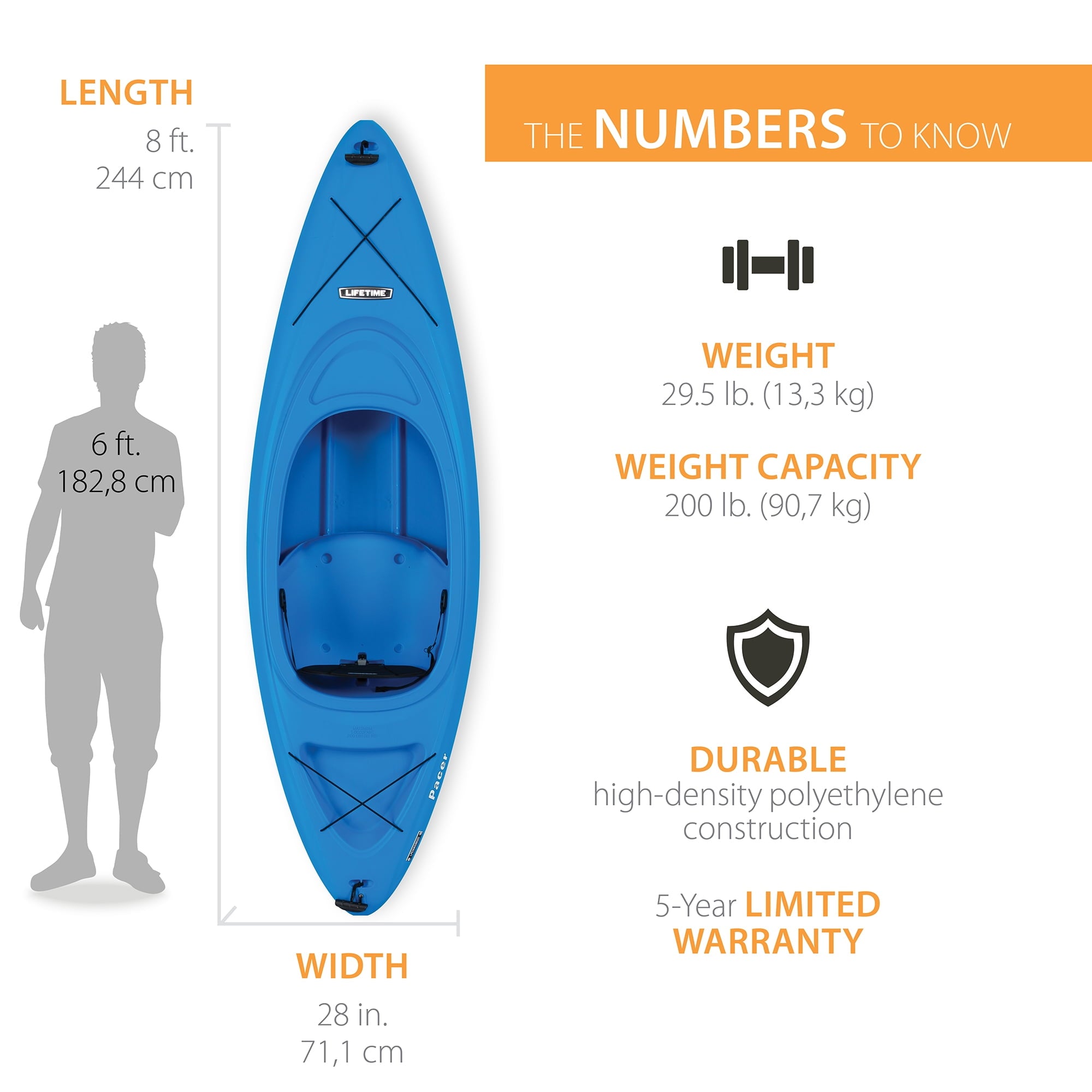 Lifetime Pacer 8 ft Sit-In Kayak (Paddle Included), Orange