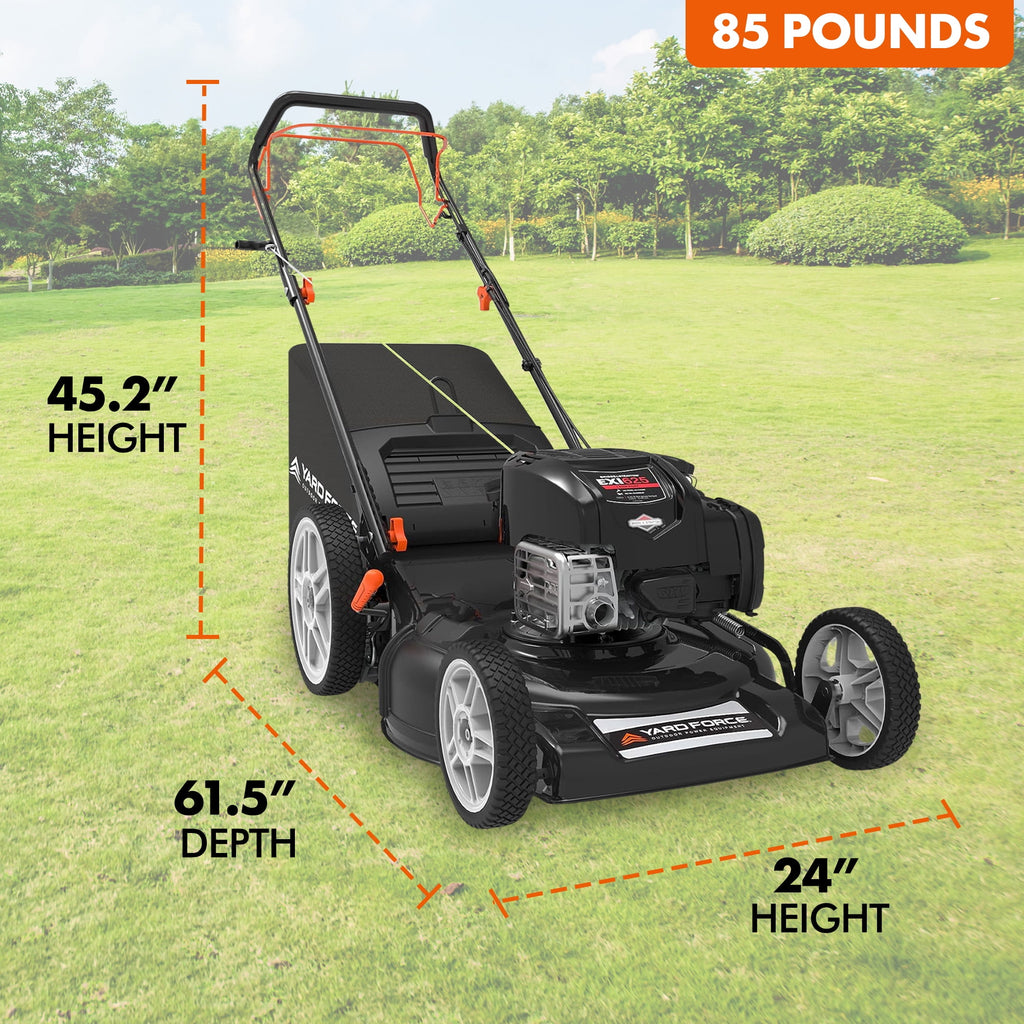 Yard Force Self Propelled Lawn Mower Briggs & Stratton 150cc Gas Engine 22-inch Steel Deck 3-in-1 mulch, bag, side discharge, 12-inch High Rear Wheels