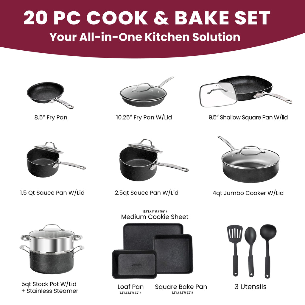 Granite Stone Pots and Pans Set 20 Piece Complete Cookware Bakeware Set Nonstick Dishwasher Oven Safe Blue