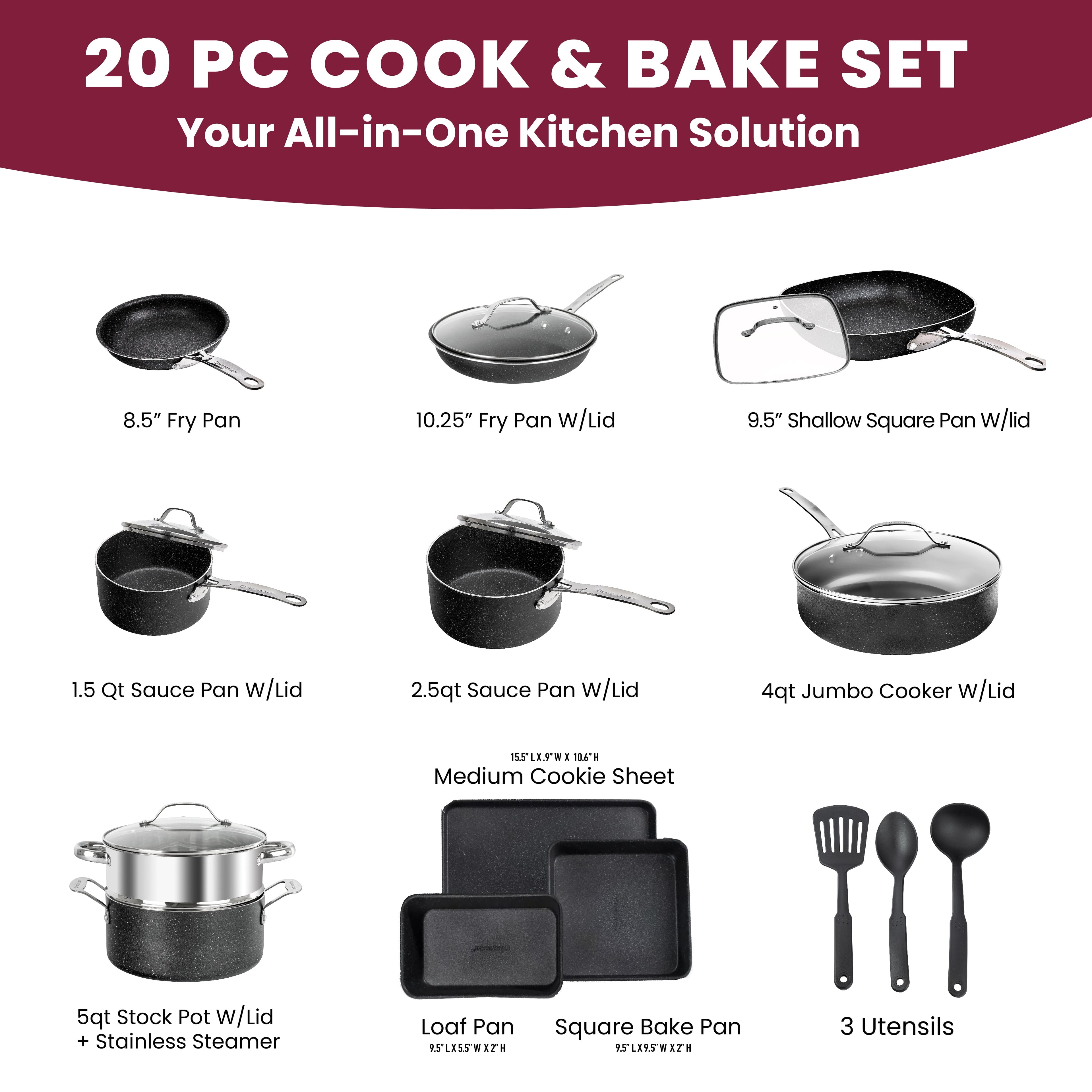 Granite Stone Pots and Pans Set 20 Piece Complete Cookware Bakeware Set Nonstick Dishwasher Oven Safe Blue