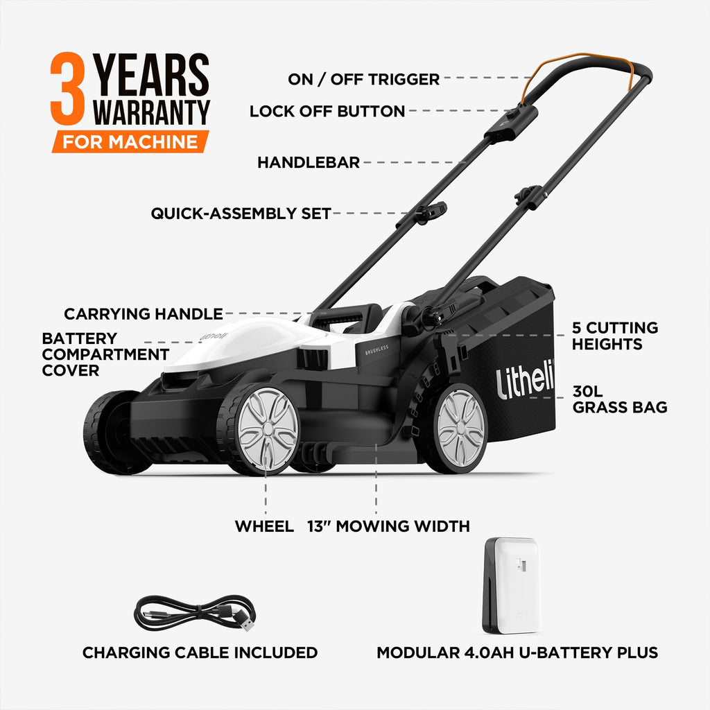 Litheli Cordless Lawn Mower 13 Inch, 5 Heights Adjustment, U20 Series 20V Electric Lawn Mowers for Garden With Brushless Motor, 4.0Ah Portable Battery Included