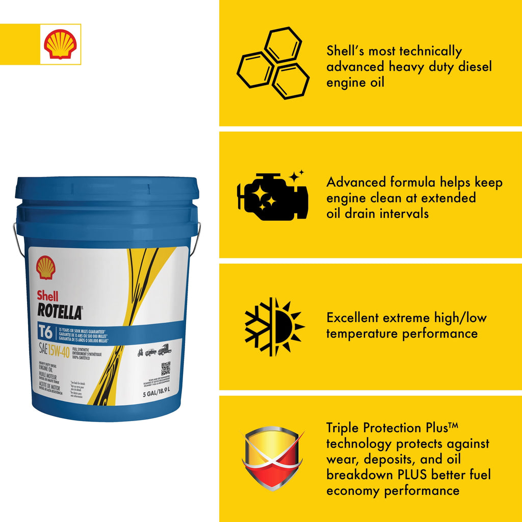Shell Rotella T6 Full Synthetic 15W-40 Diesel Engine Oil, 5 Gallon