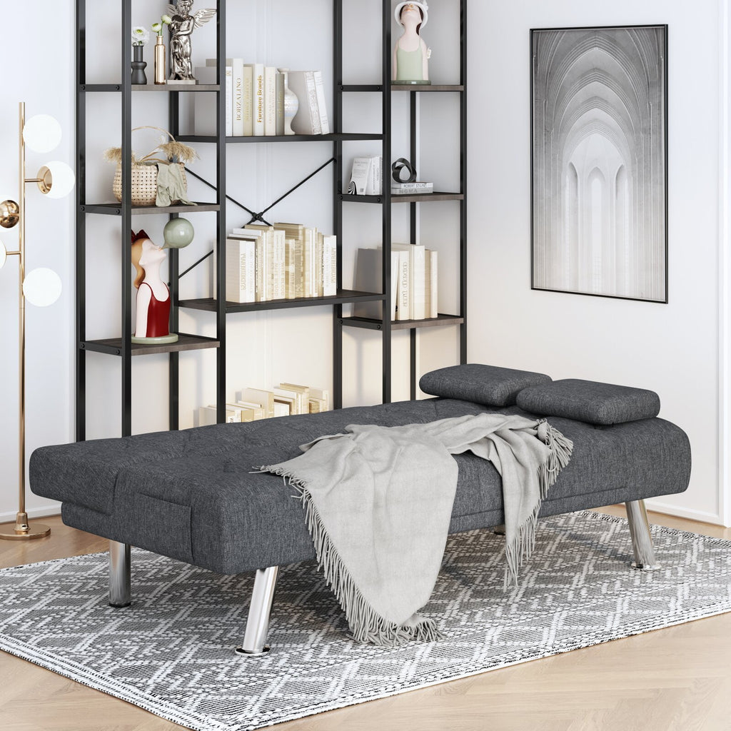 Homfa Convertible Futon Sofa Bed, 66.3'' Upholstered Removable Armrests,Gray Finish